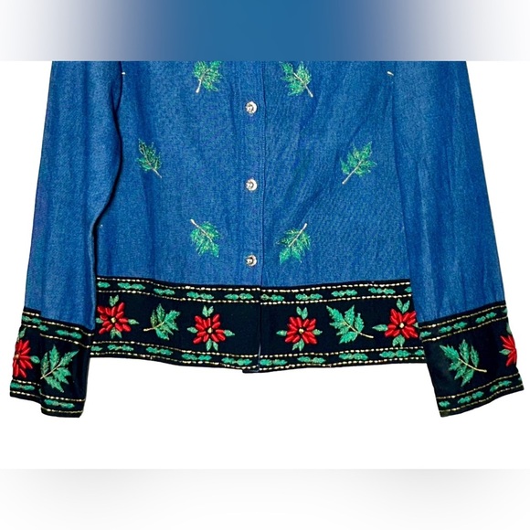 Blair Denim Button Down Shirt Jacket with Poinsettia Holiday Embroidery, Medium - Picture 5 of 12